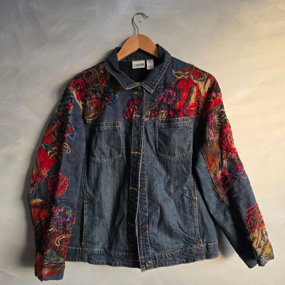 Floral Embroidered Denim Jacket with beaded embellishments Sz 3